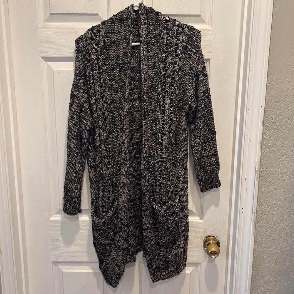 Anthropologie Akemi + Kin Navy Gold Metallic Open Knit Longline Cardigan Large